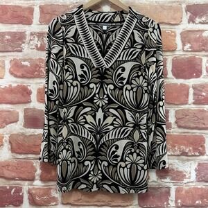 Chicos Top Women's Medium Multicolor Boho Floral Slinky Knit Casual Career Shirt